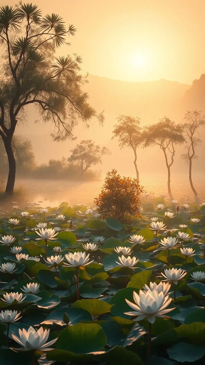Sunrise landscape with trees and blooming water lilies.