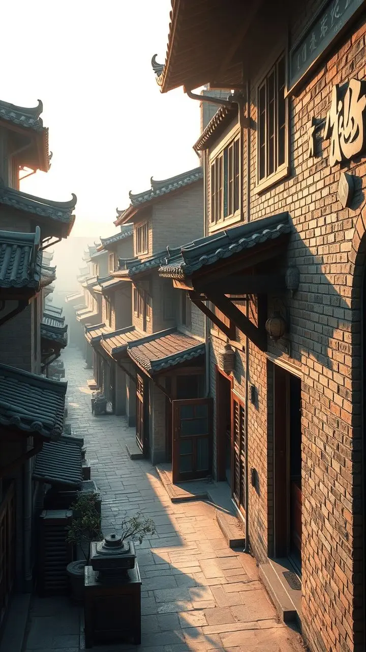 Panoramic view of Beijing hutongs at sunrise with soft light.