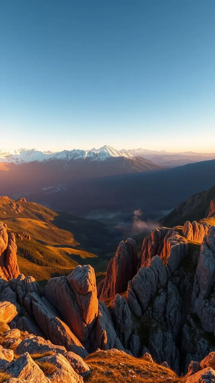 Mountain landscape at sunrise with snow-capped peaks and fog.