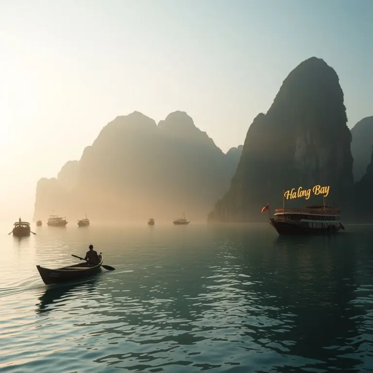 Sunrise over Ha Long Bay with a lone canoe amidst limestone karsts and mist.