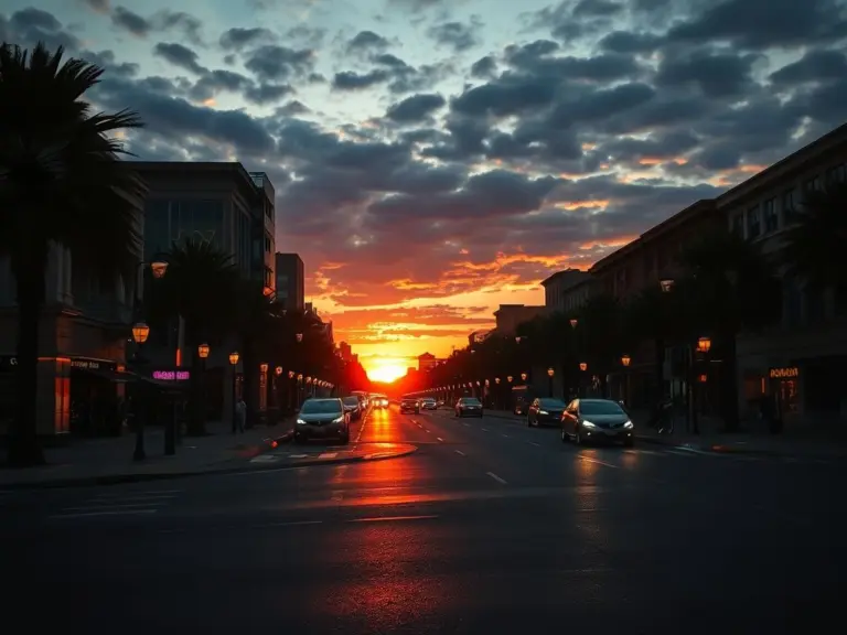 Sunset Boulevard at dusk with the sun in the background.