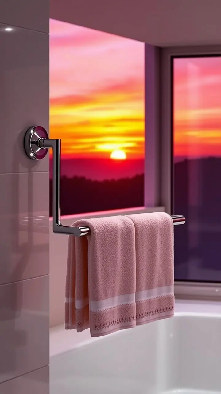 A modern bathroom with a suction cup rotating towel rack at sunset.