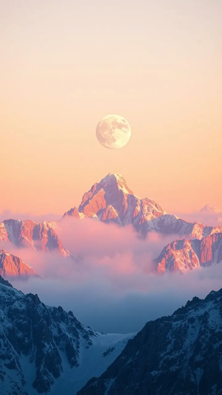 Hyper-realistic mountain landscape at sunset with a rising moon and swirling icy mist.