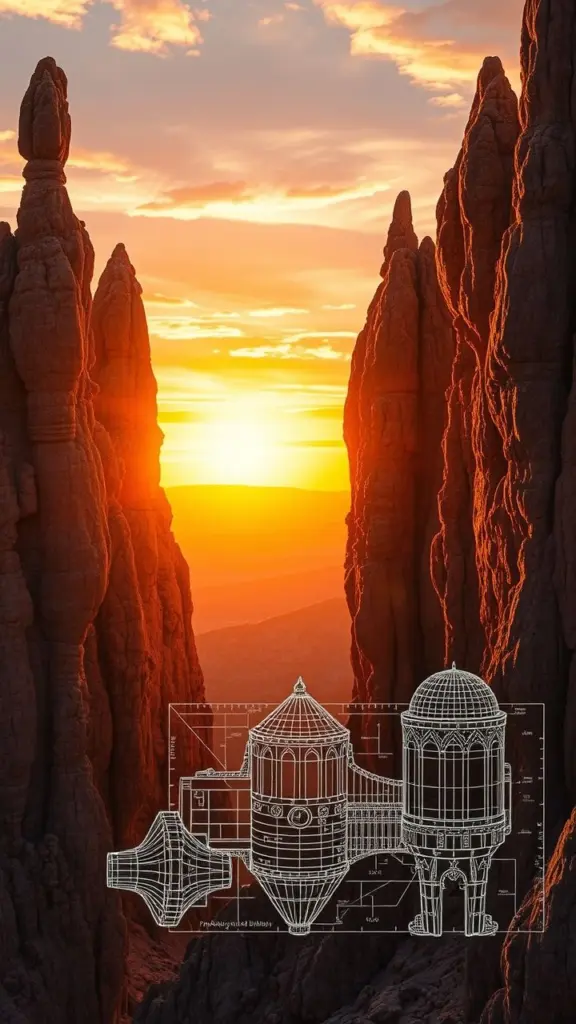 Tufa towers at sunset with blueprint overlay and abstract airflow patterns.