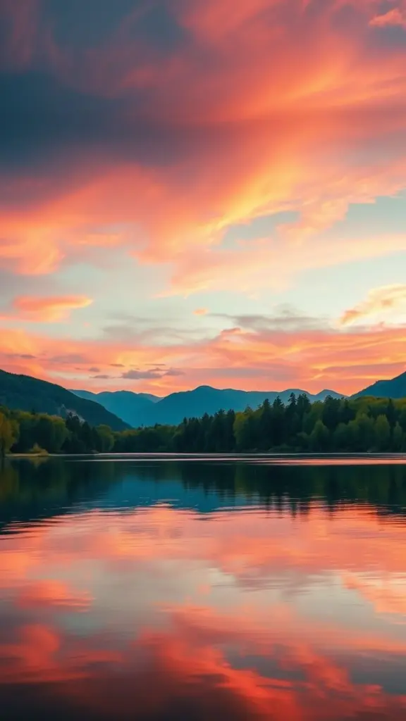 Lake at sunset with sky reflections and mountains.