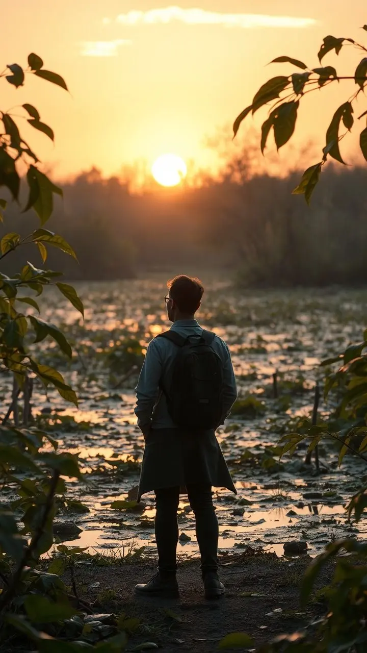 Steampunk wetland sanctuary at sunset with shimmering metallic leaves and an observer.