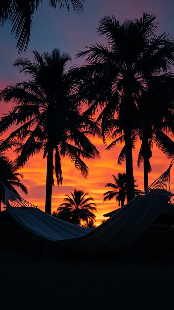 Hammock between palm trees at sunset with corroded flares.