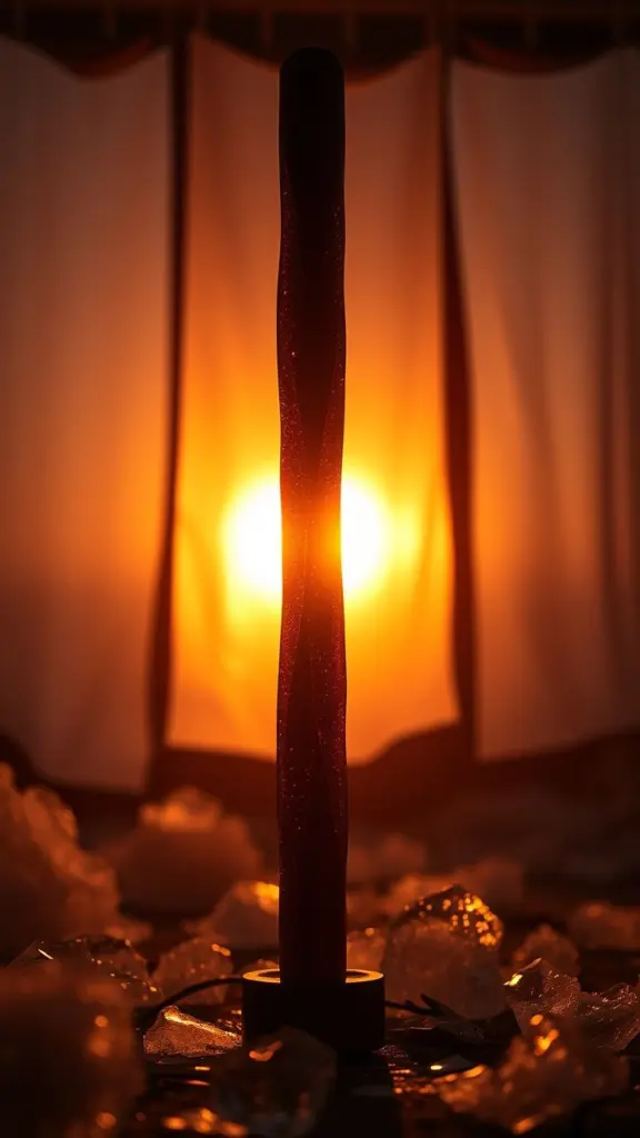 Rainstick with warped beams in a studio at sunset with icy textures.