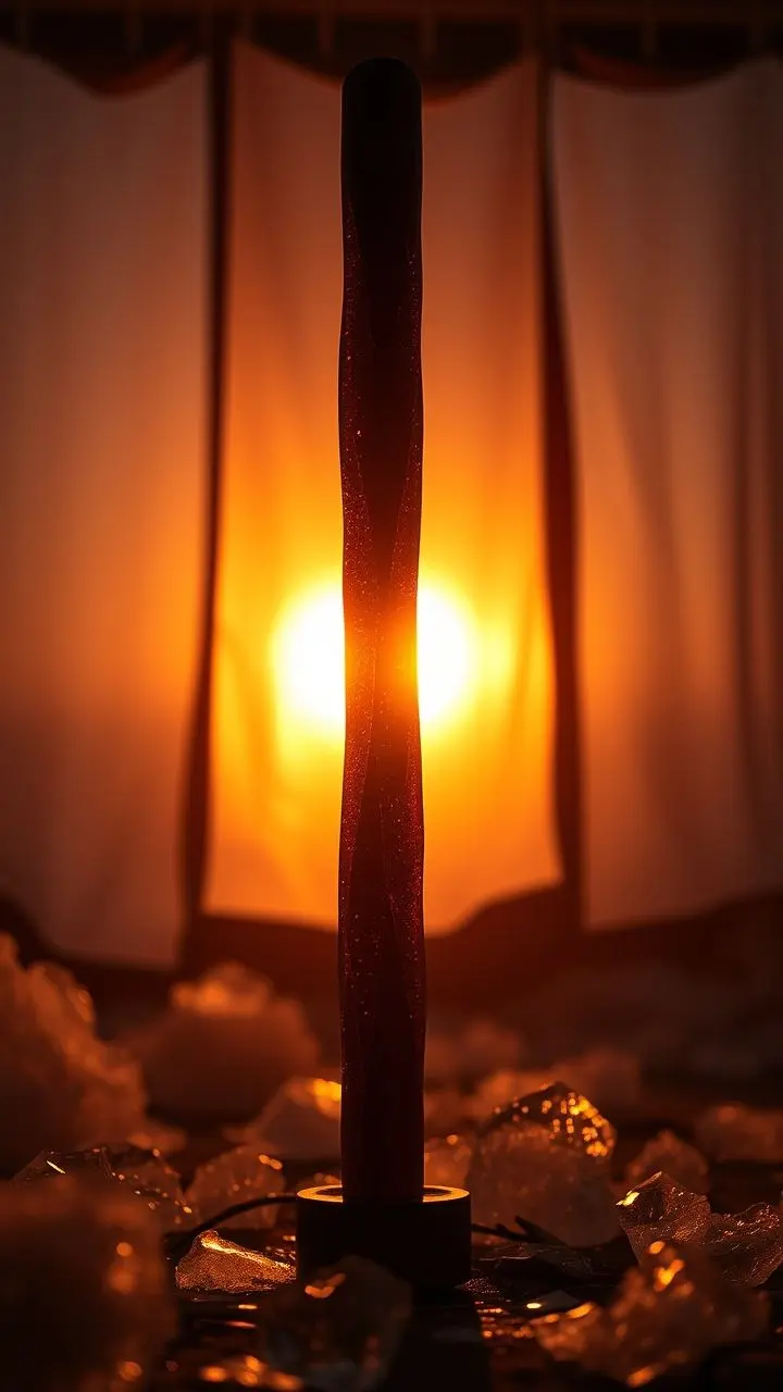 Rainstick with warped beams in a studio at sunset with icy textures.
