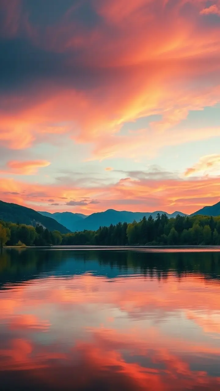 Lake at sunset with sky reflections and mountains.