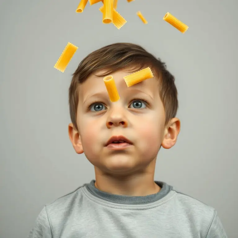 Boy with pasta on his head
