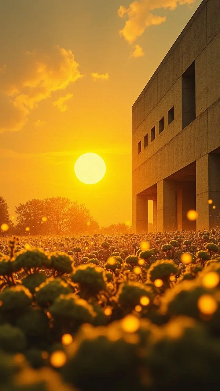Abstract brutalist building melting in heatwave with glowing fireflies