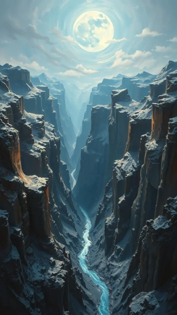 Surreal canyon with blue moon and frost.