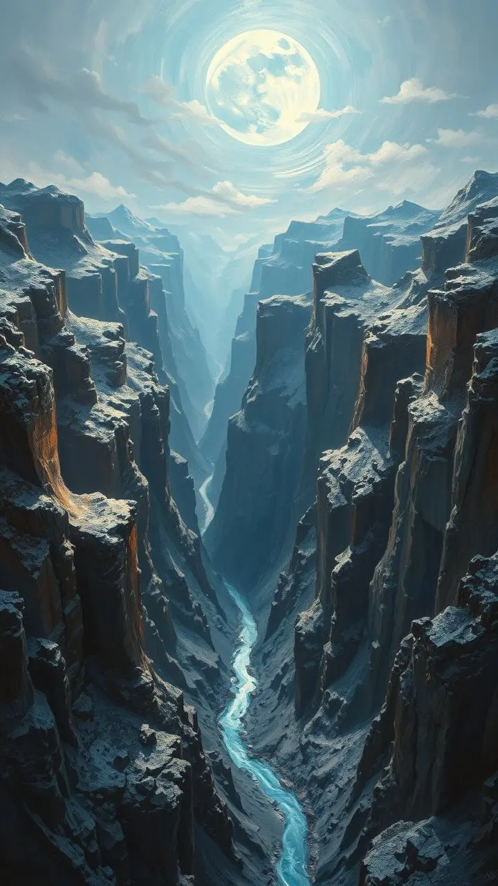 Surreal canyon with blue moon and frost.
