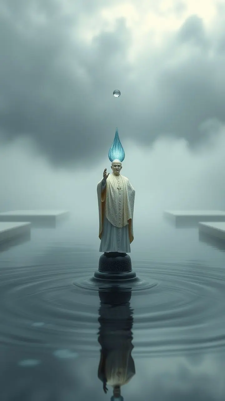 Surreal scene: dish soap droplet merging with a Pope, storm surge warning, fog, pools, ink wash, polymer textures.