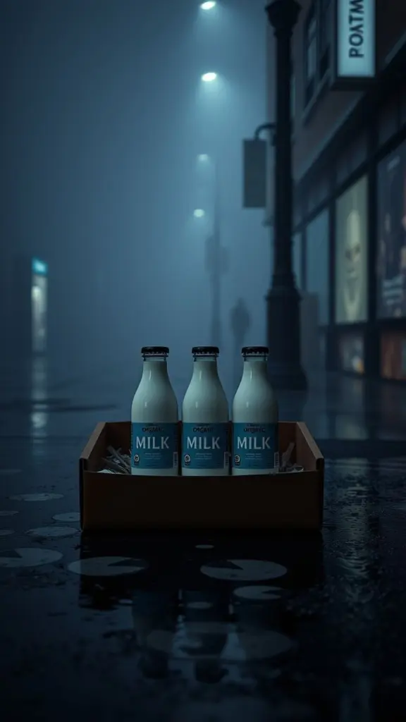Organic milk bottles in a subscription box on a foggy, stained pavement.