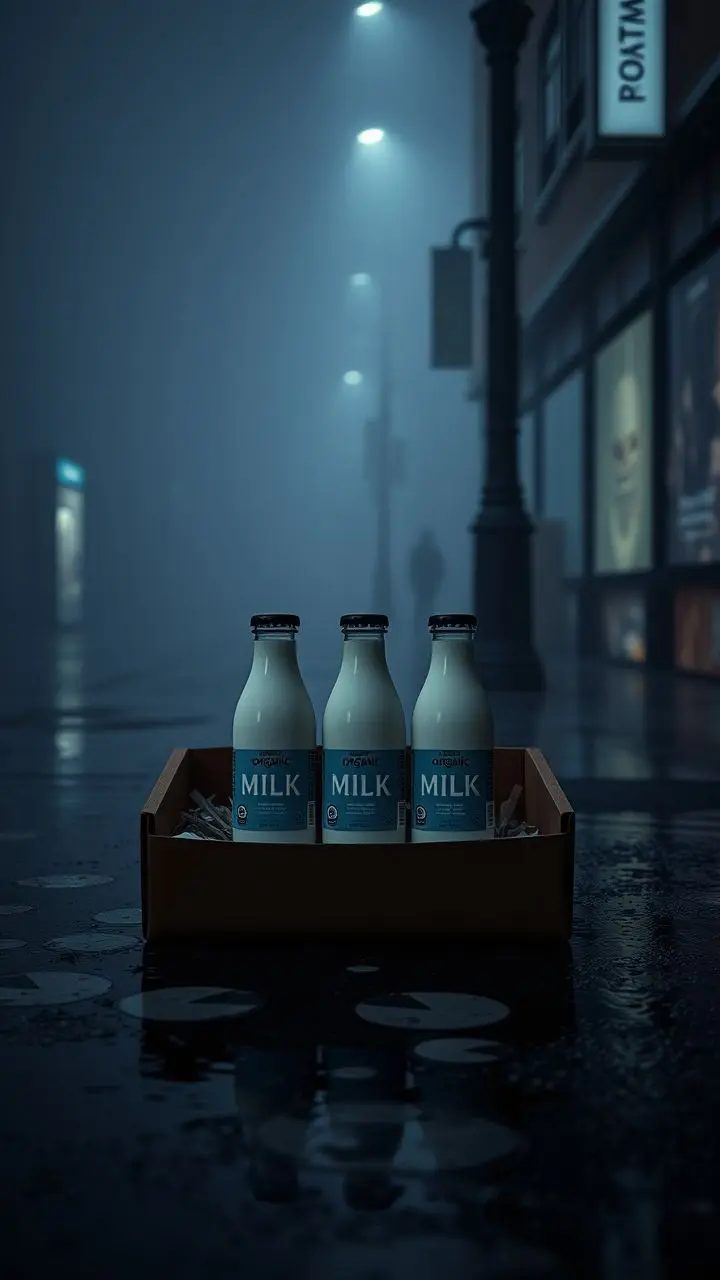 Organic milk bottles in a subscription box on a foggy, stained pavement.