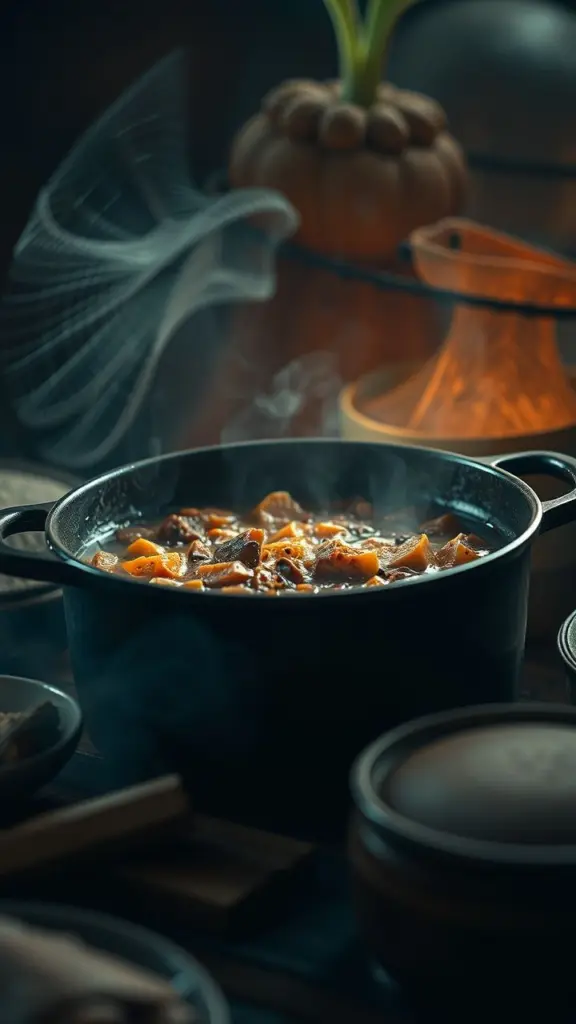 Dutch oven with steaming stew, modified with diatom patterns and glitch effects.