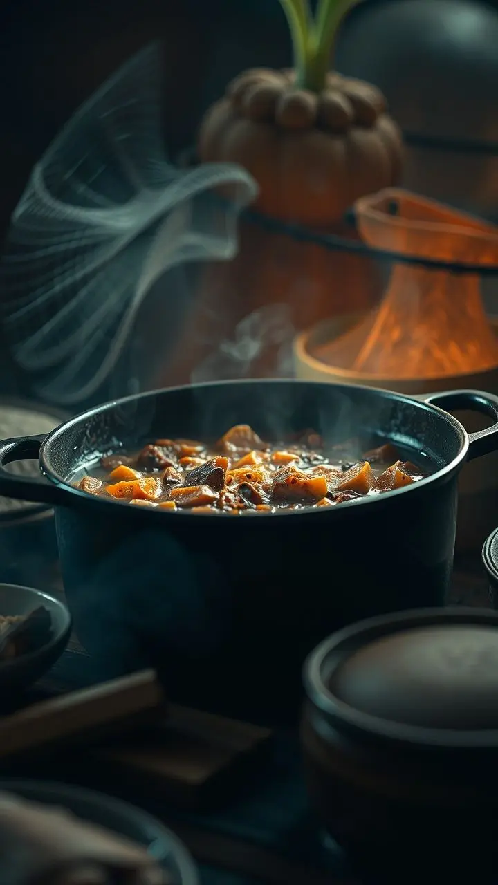Dutch oven with steaming stew, modified with diatom patterns and glitch effects.
