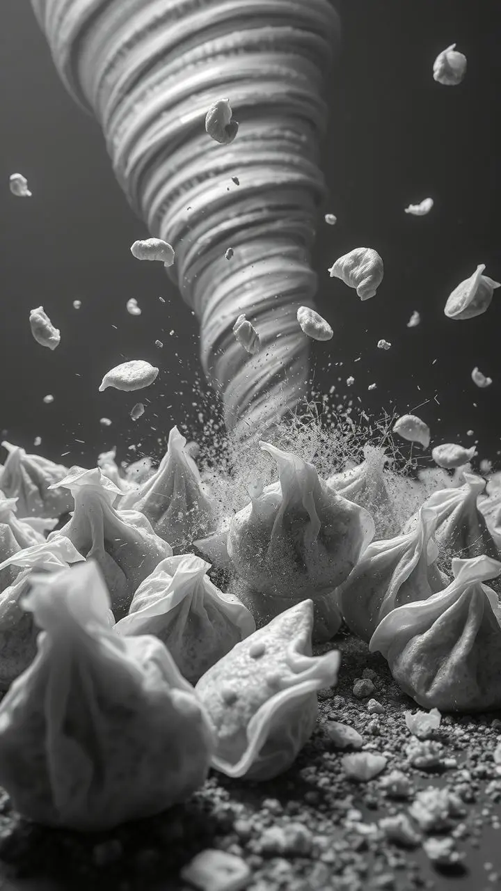 Monochrome surrealist image of fried dumplings in a tornado.