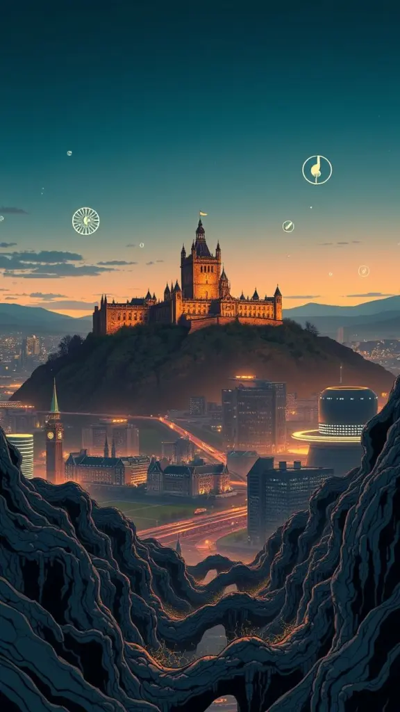 Surreal scene of Edinburgh Castle above a futuristic city with financial symbols.