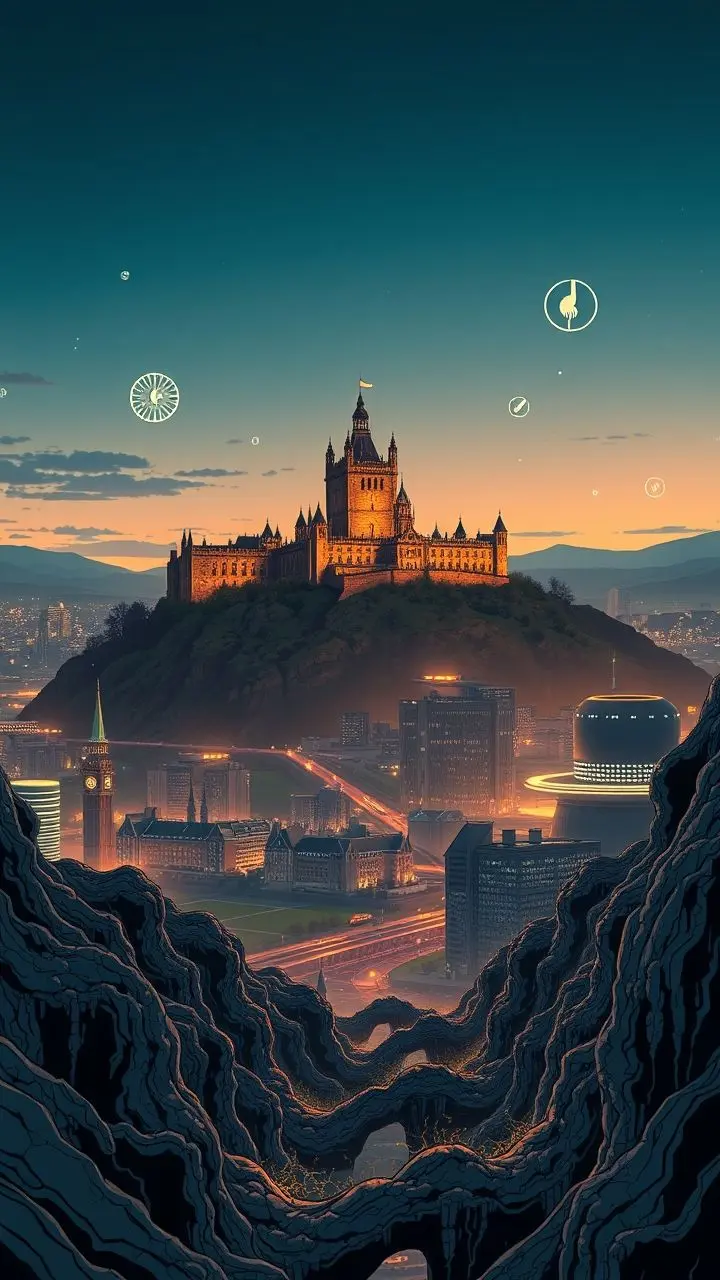 Surreal scene of Edinburgh Castle above a futuristic city with financial symbols.
