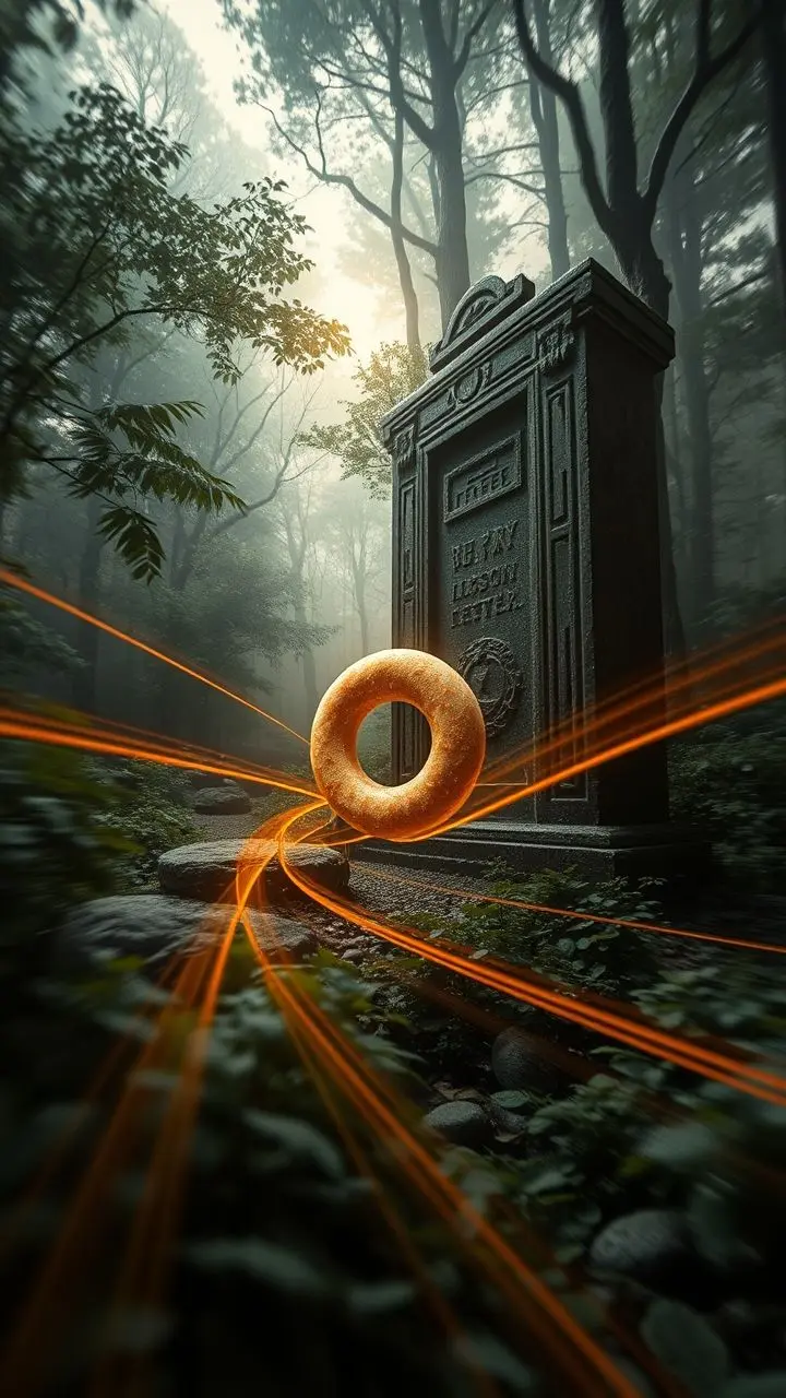 Surreal forest scene with ancient steles covered in glowing proteins, a floating doughnut symbol, and motion blur.