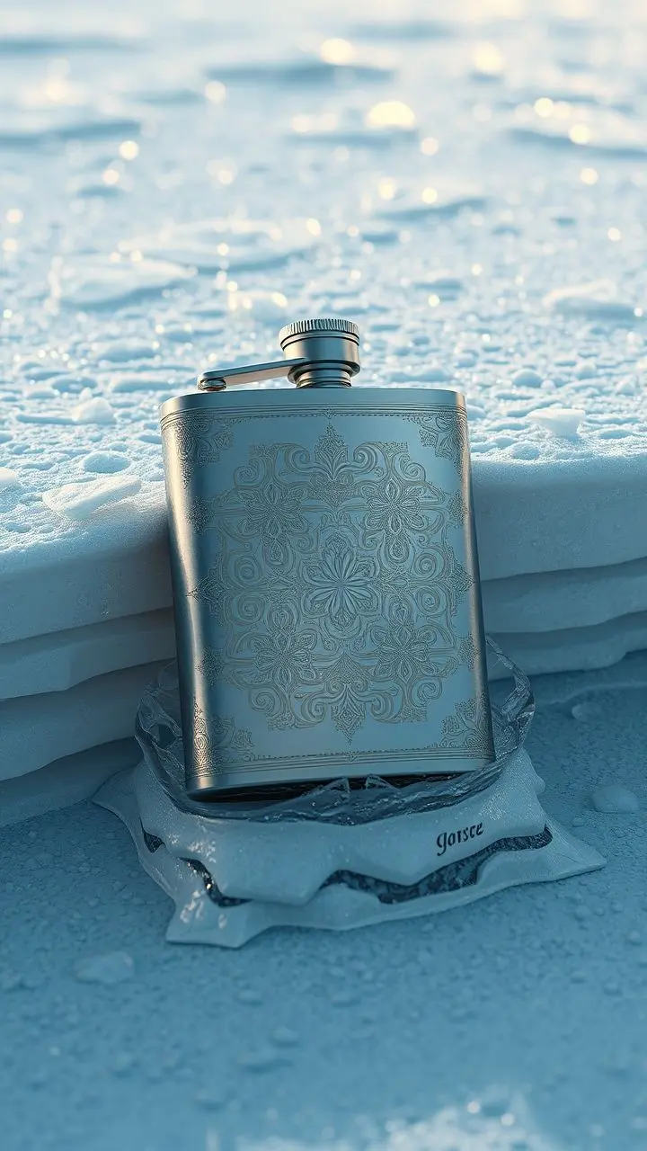 Metallic flask with intricate engravings on icy ground.