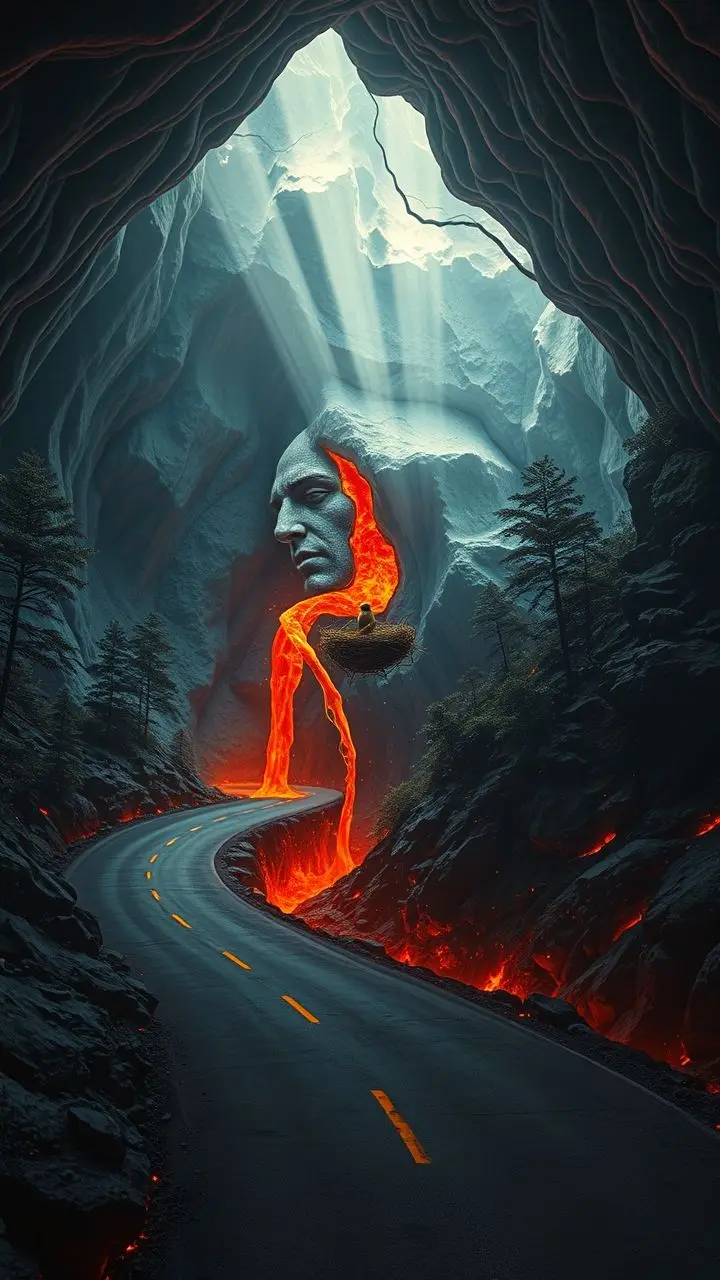 Surreal landscape with lava face, icy cavern, and natural elements.
