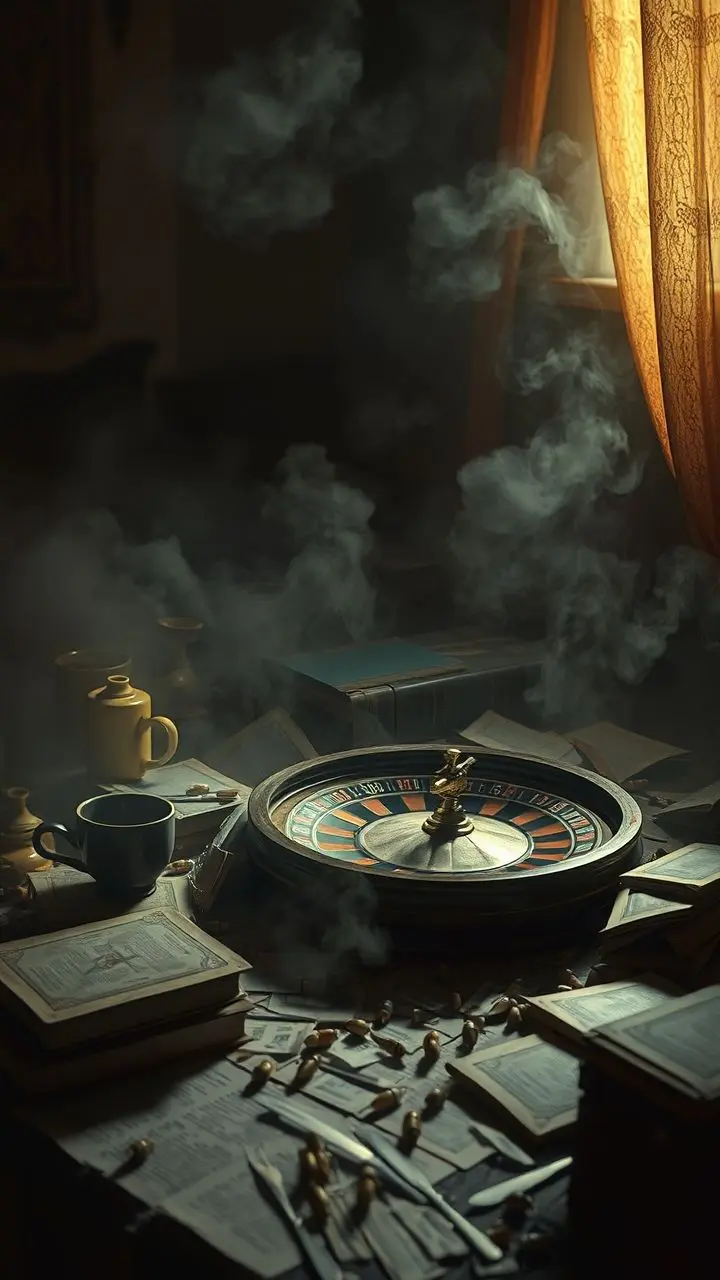 Surreal scene with disturbed meal, roulette wheel, dictionaries, mist, and celestial lighting.