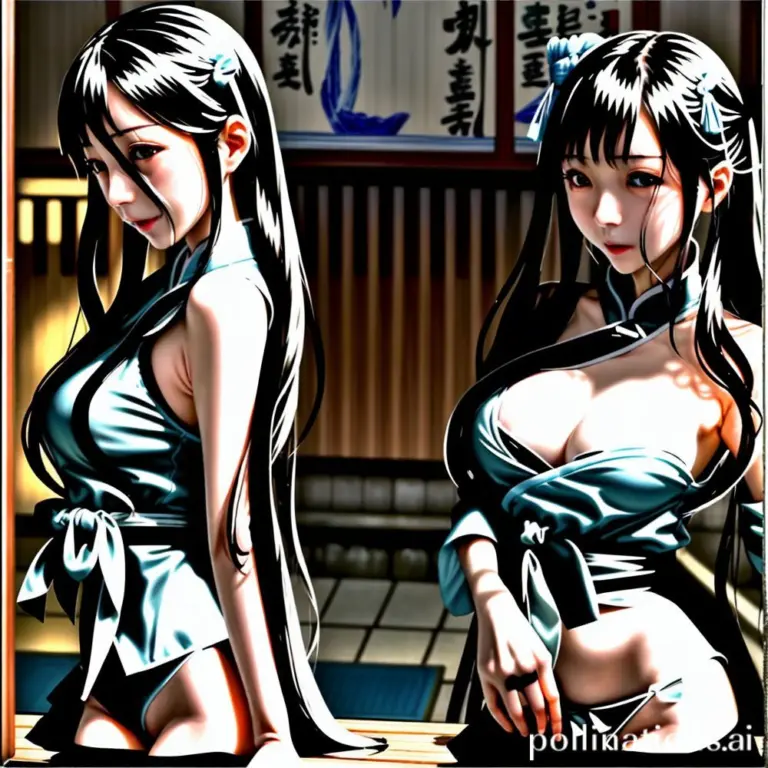 Surreal geisha in bathhouse, self-pleasure, symbolic imagery.