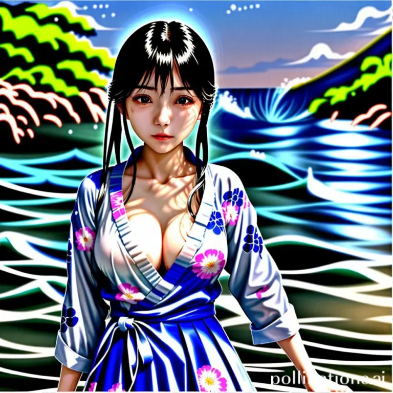Surrealistic painting of a geisha in a bathtub with flowing milk.