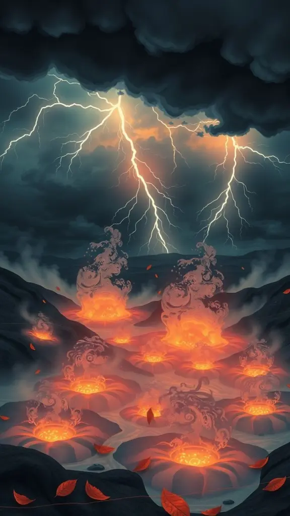 Surreal geothermal vents under a stormy sky with lightning, Art Nouveau style.