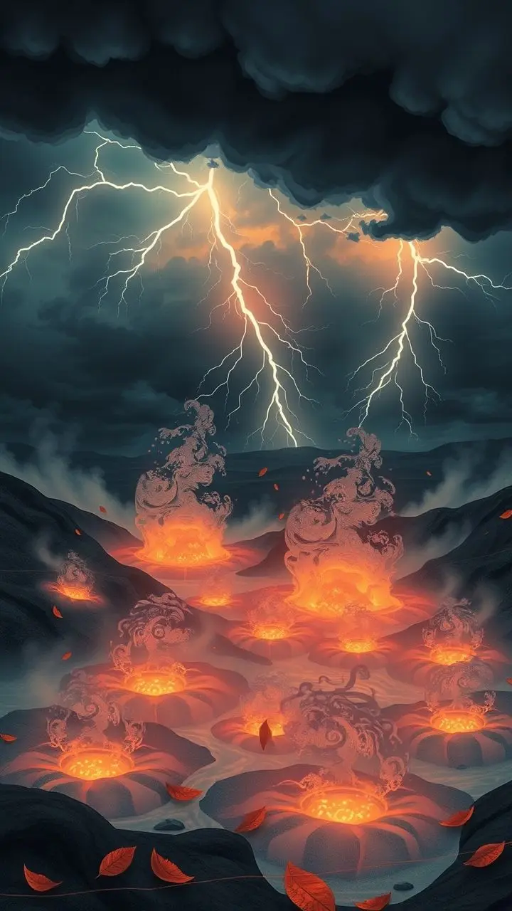 Surreal geothermal vents under a stormy sky with lightning, Art Nouveau style.