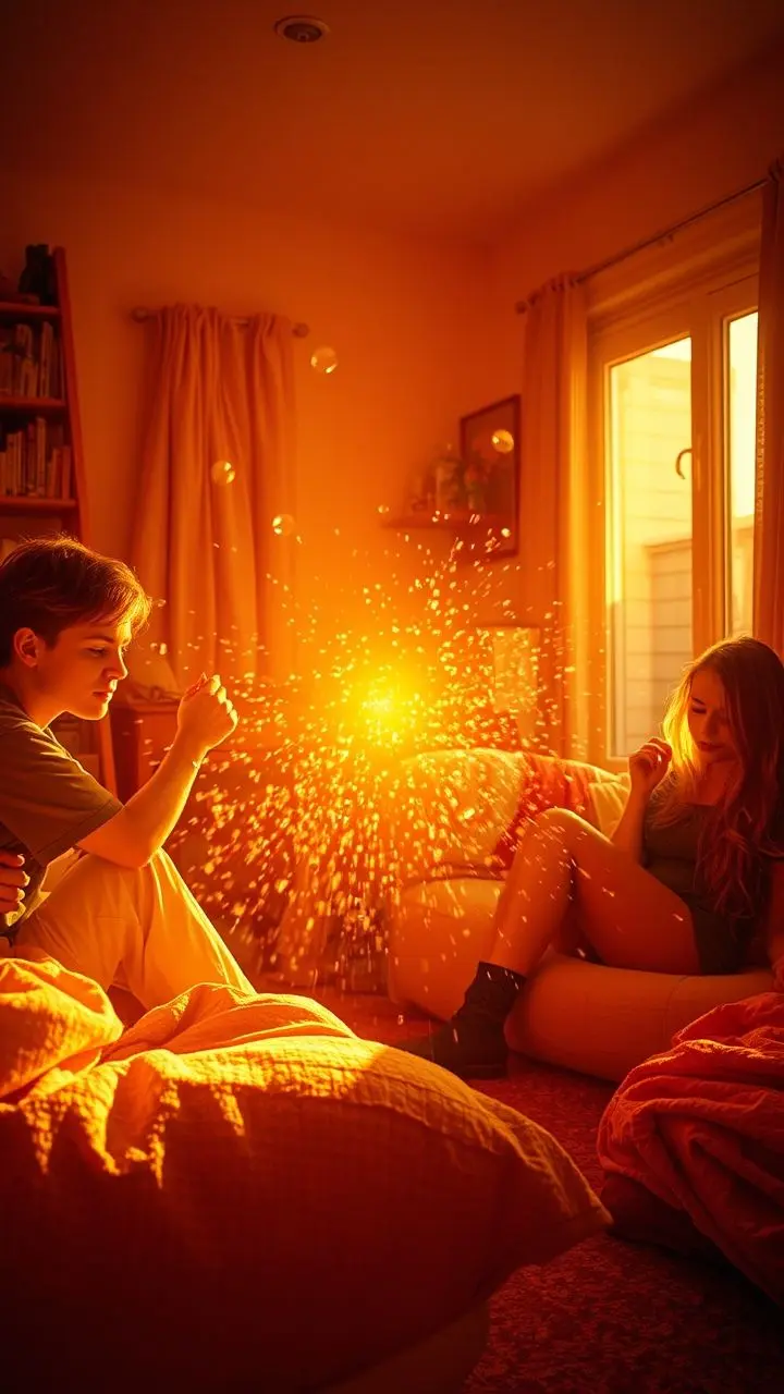 Roommates in a cozy room during golden hour with growing hailstones casting shadows, captured in a textured infrared photo.