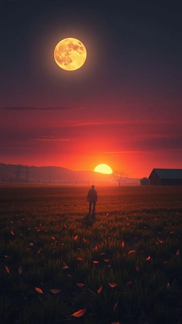 Farm at twilight with harvest moon, dust storm, and vaporwave colors.