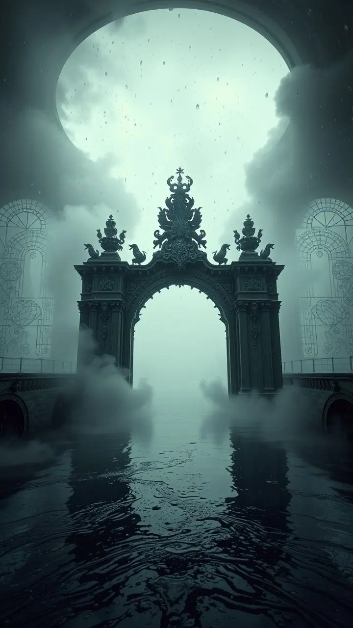 Surreal misty river with hibernation entry and fog.