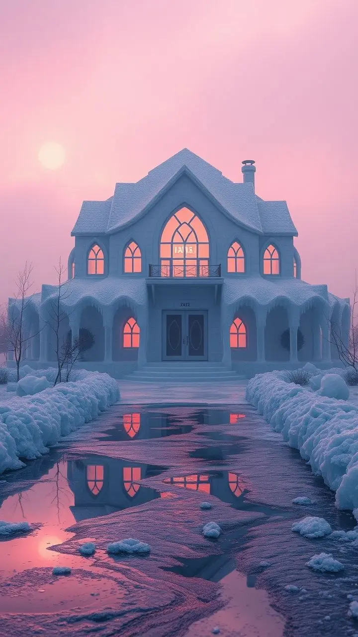 Surreal ice hotel with pink sunrise and falling sleet.