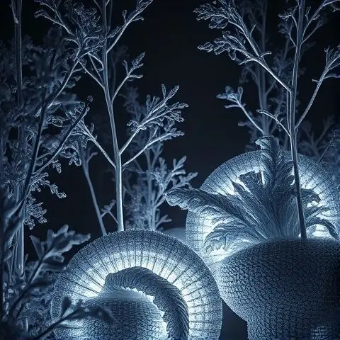 Monochrome surreal landscape with glowing plants and neural patterns.