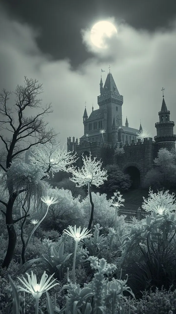Surreal monochrome infrared landscape with glowing plants and a besieged castle.