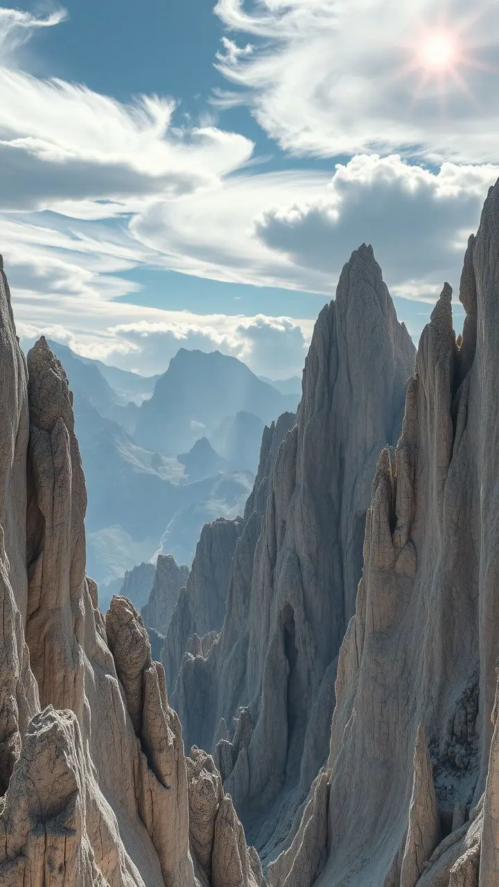 Surreal landscape with jagged limestone caves and wavy mountains.