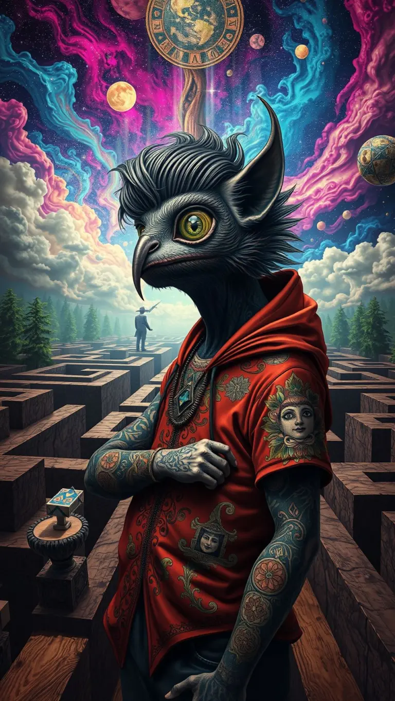 Warrior with red eyes, animal hide armor, and a great axe emerging from a surreal maze.