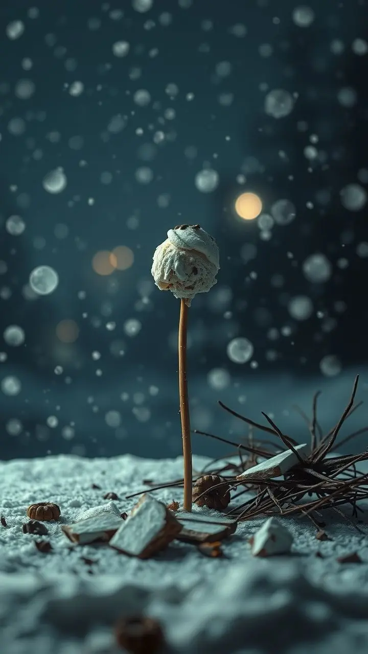 Surreal image of ice cream on a reed in snow with debris.