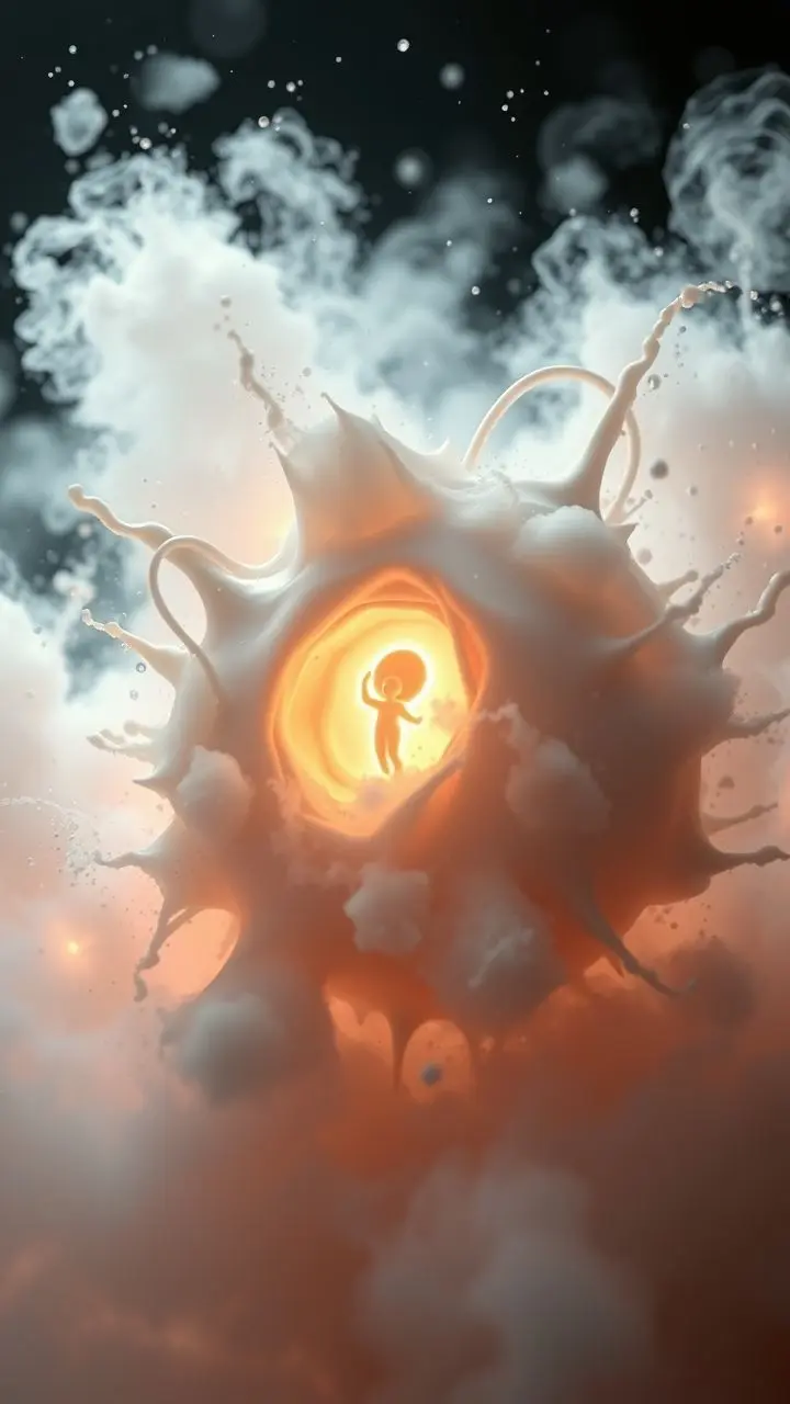 Milk bomb explodes in fog with glowing symbol of hope.