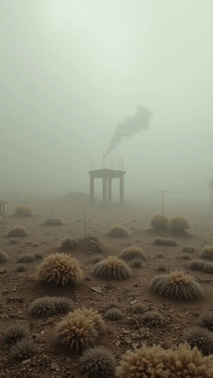Surreal landscape with dust, drizzle, and smoky particles.