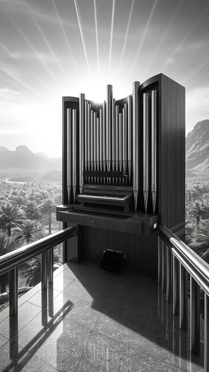 Pipe organ in an oasis with surreal background elements.