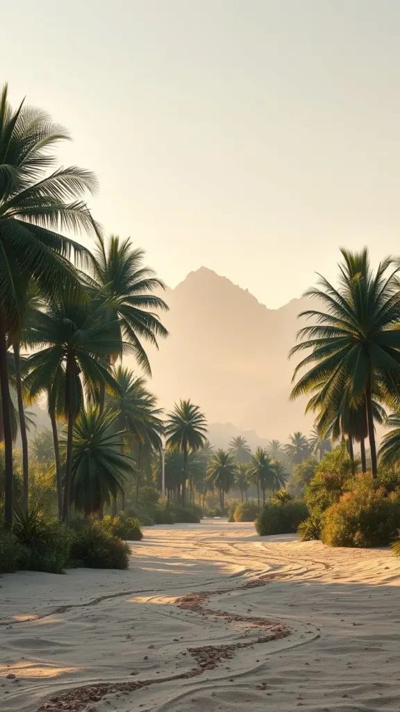 Surreal landscape with an oasis, palm trees, and distant alpine mountains under studio lighting.