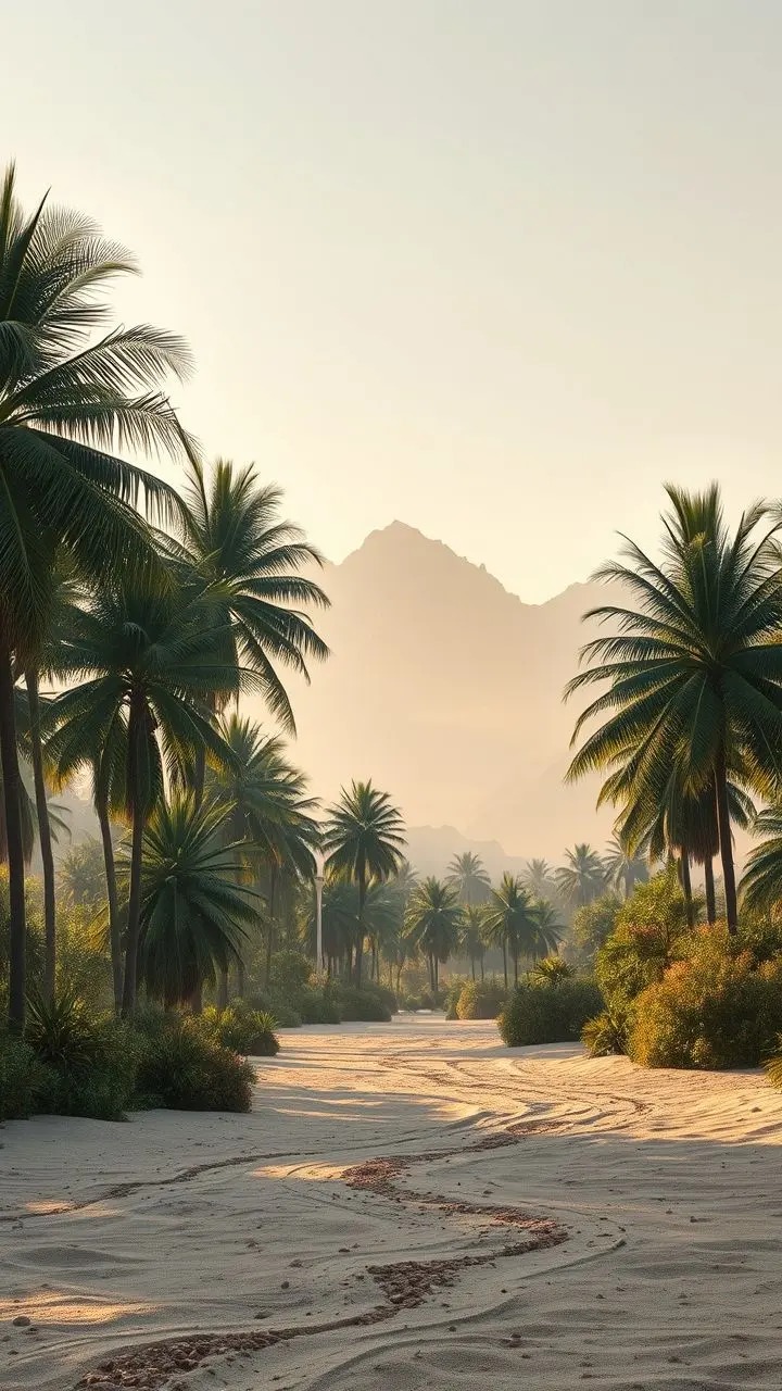 Surreal landscape with an oasis, palm trees, and distant alpine mountains under studio lighting.