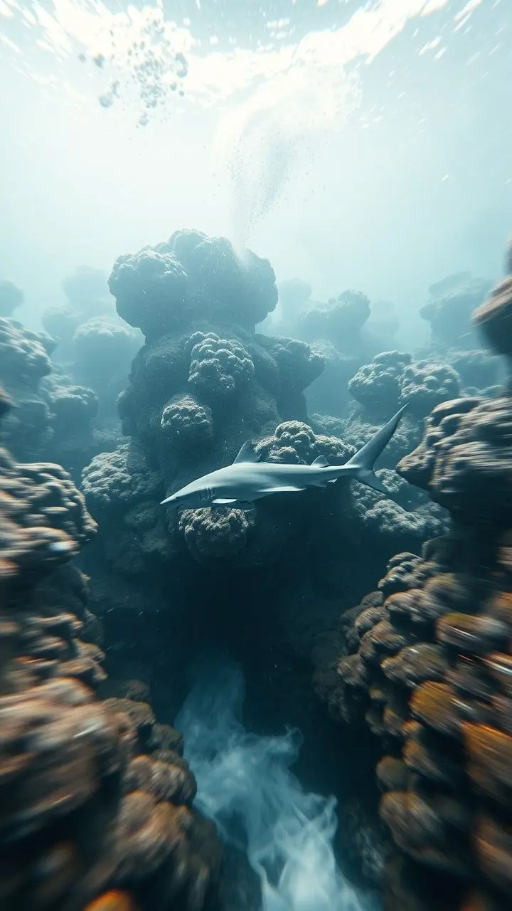 Shark in a bright whiteout underwater reef with motion blur.