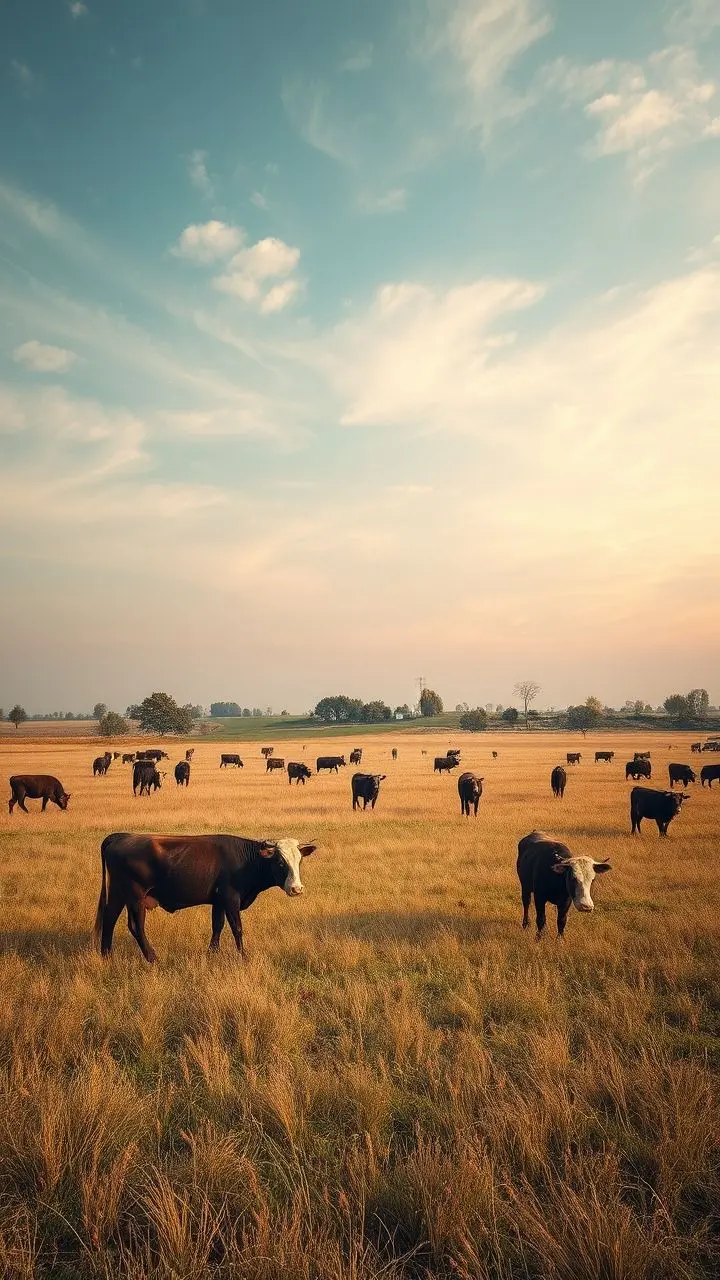 Cows grazing in a field under a vibrant sky with glitching effects.